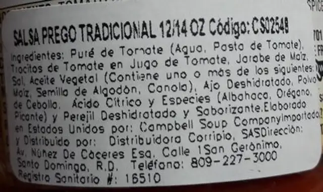Traditional Italian Sauce ingredients label