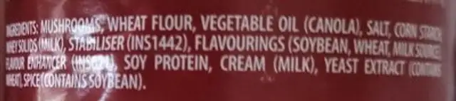 Cream of Mushroom ingredients label