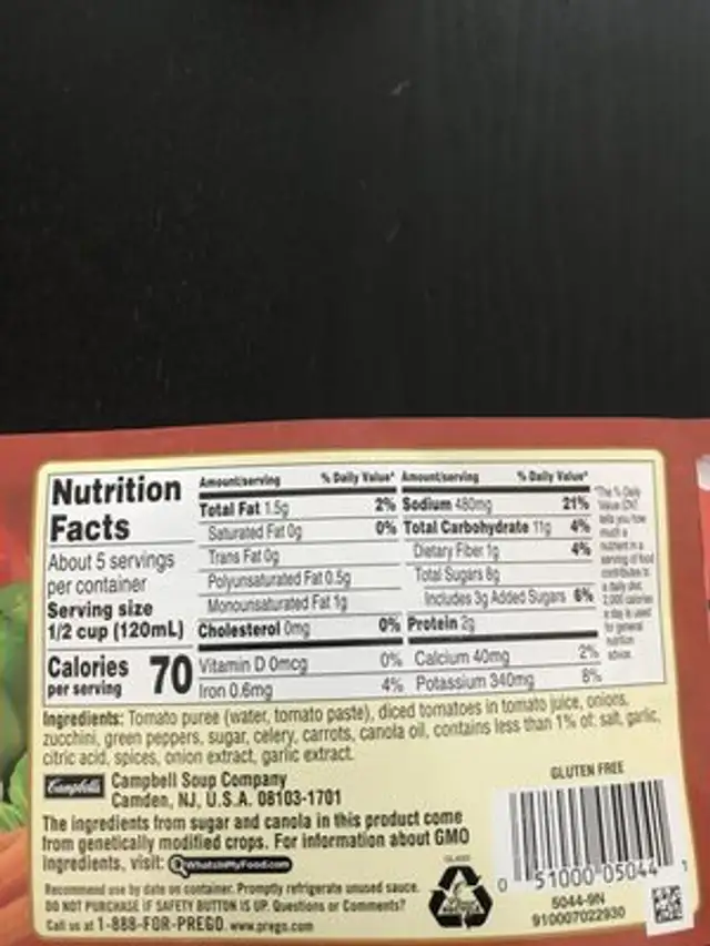 Prego sauces vegetable nutrition facts table
