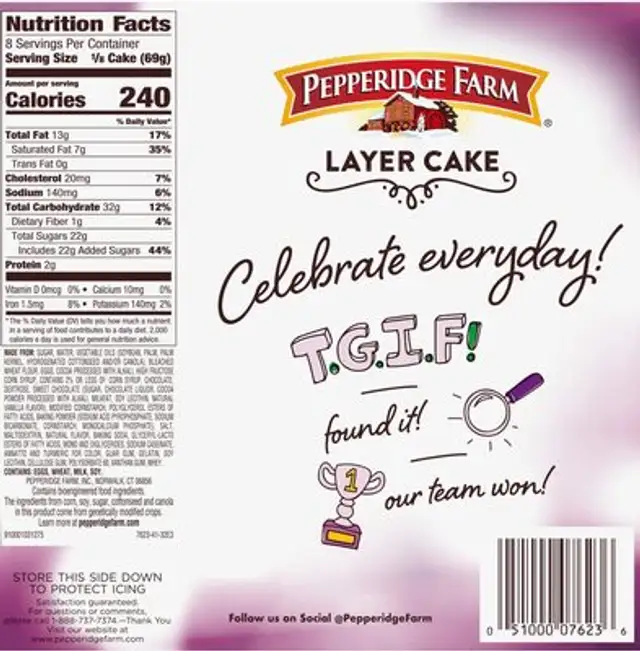 Pepperidge farm cakes chocolate ingredients label