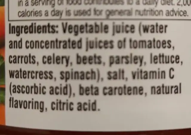 V8 Spicy Hot ingredients label