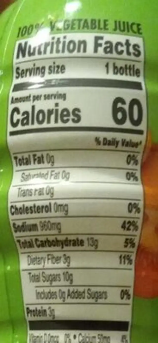 Original vegetable juice nutrition facts table