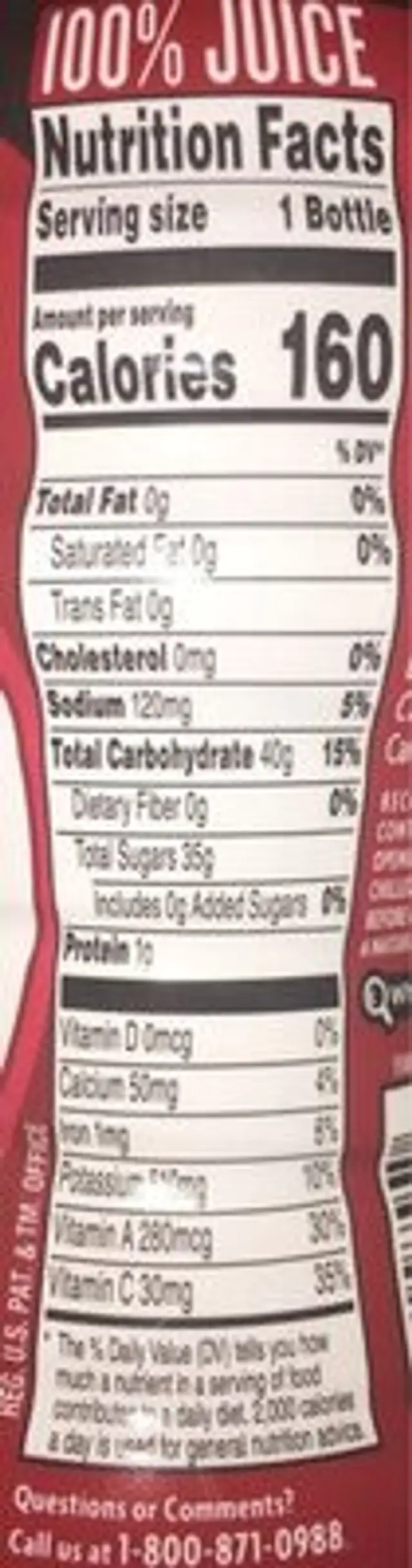 V fusion 100% juice nutrition facts table