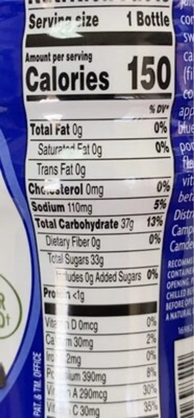 V fusion 100% juice nutrition facts table