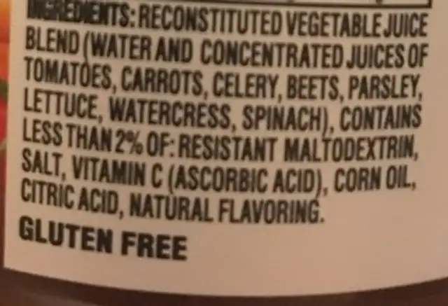 V8 original ingredients label