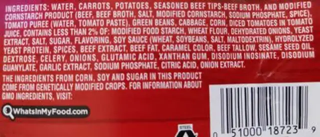 Roast Beef Tips with Vegetables ingredients label