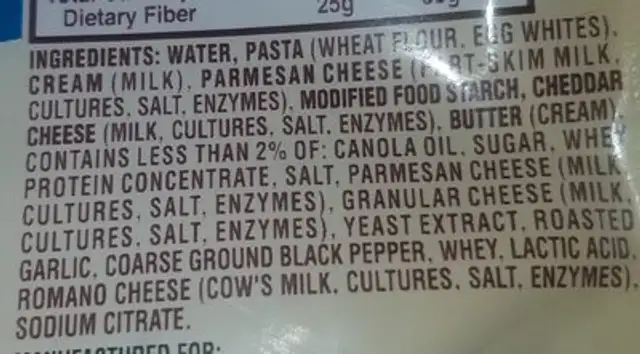 Campbell's sauces afredo pasta ingredients label