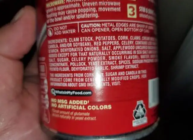 CAMPELLS CLAM AMD CORN CHOWDER ingredients label