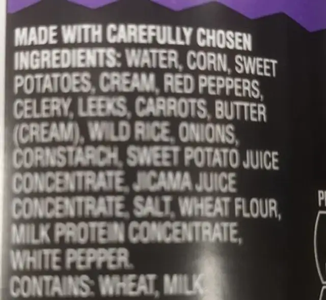 Well Yes! Sweet Potato Corn Chowder ingredients label