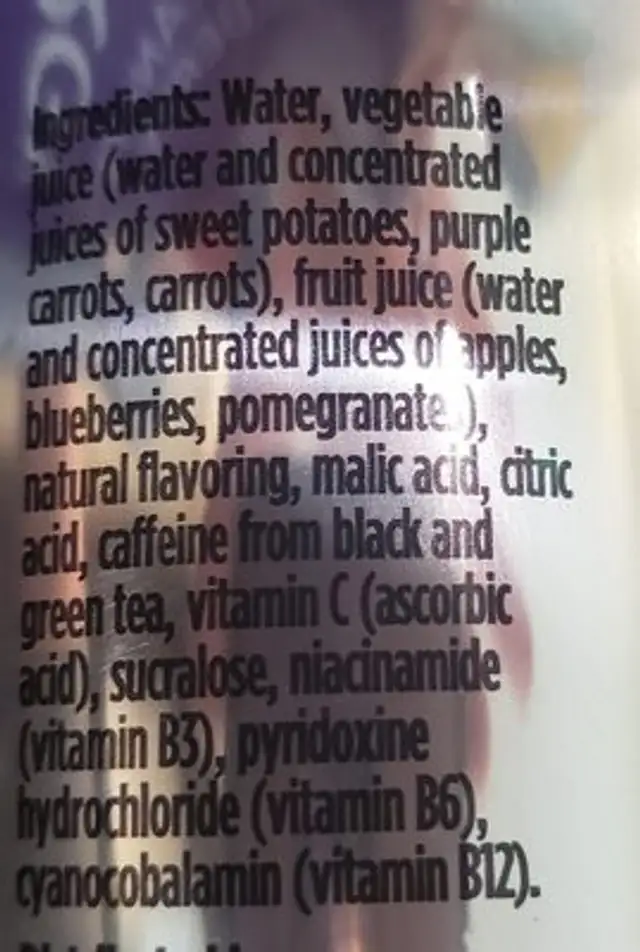 Energy pomengranate blueberry juice ingredients label
