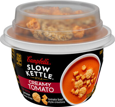 Creamy tomato soup with cheese crisps & croutons