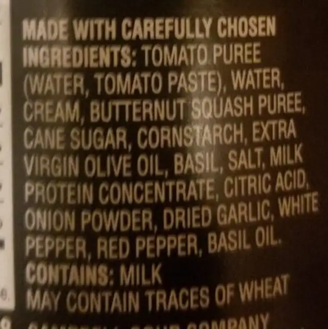 Campbell's well yes soup tomato ingredients label