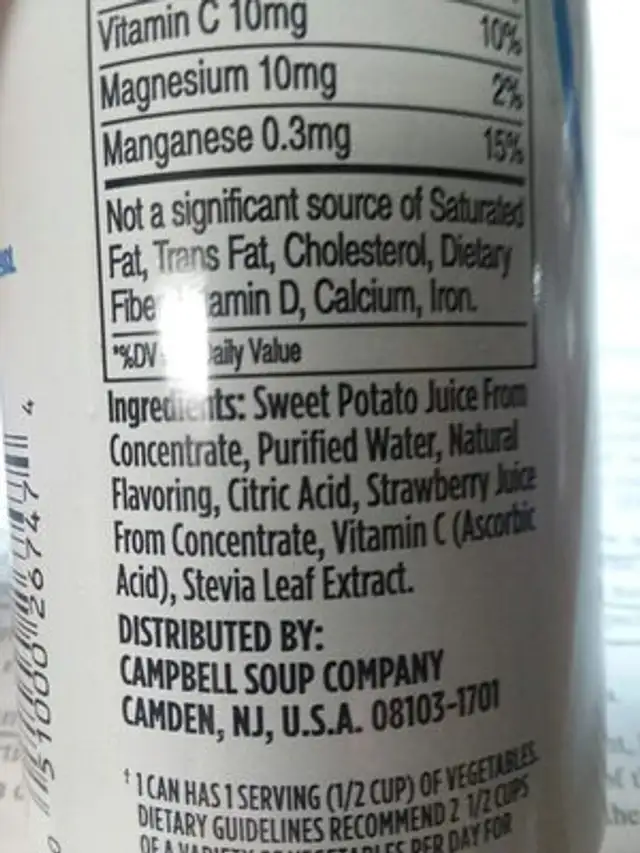V8 +HYDRATE ingredients label