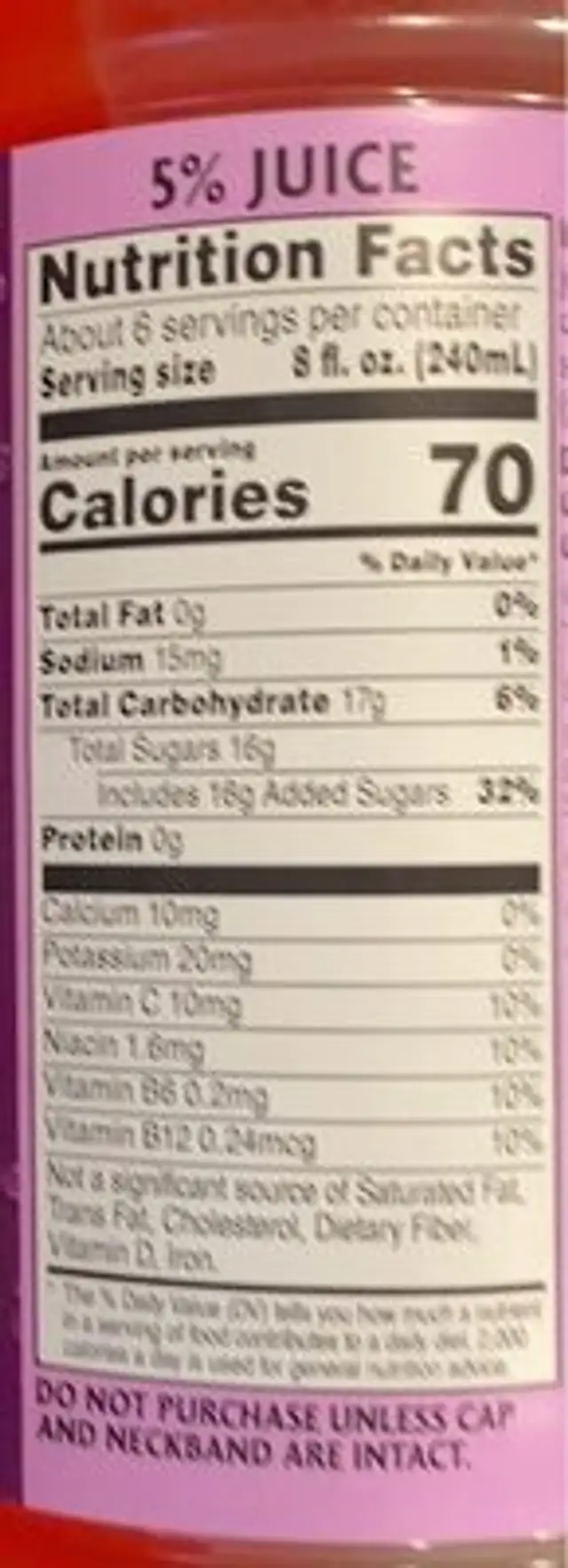 V8 splash nutrition facts table