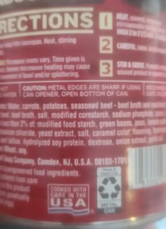 Beef with country vegetables ingredients label