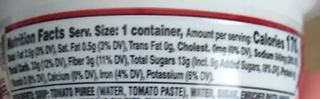 Tomato and Stars nutrition facts table