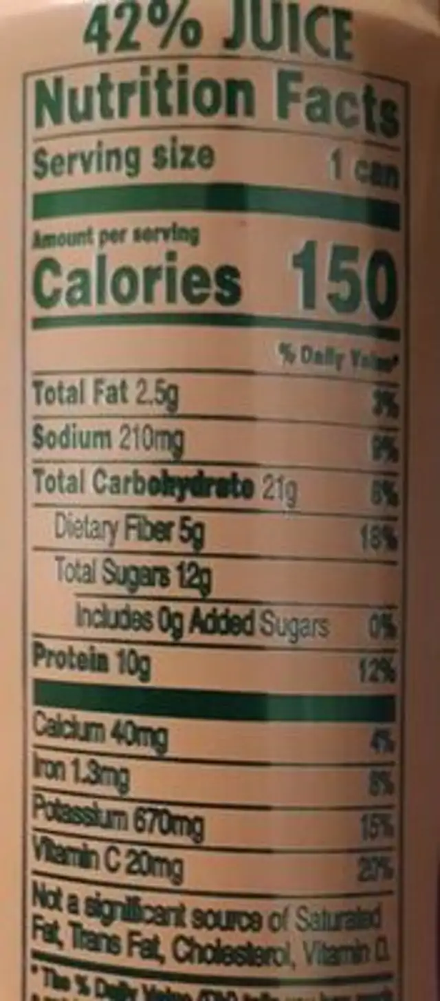 V8 Plus Protein Berry Acai nutrition facts table