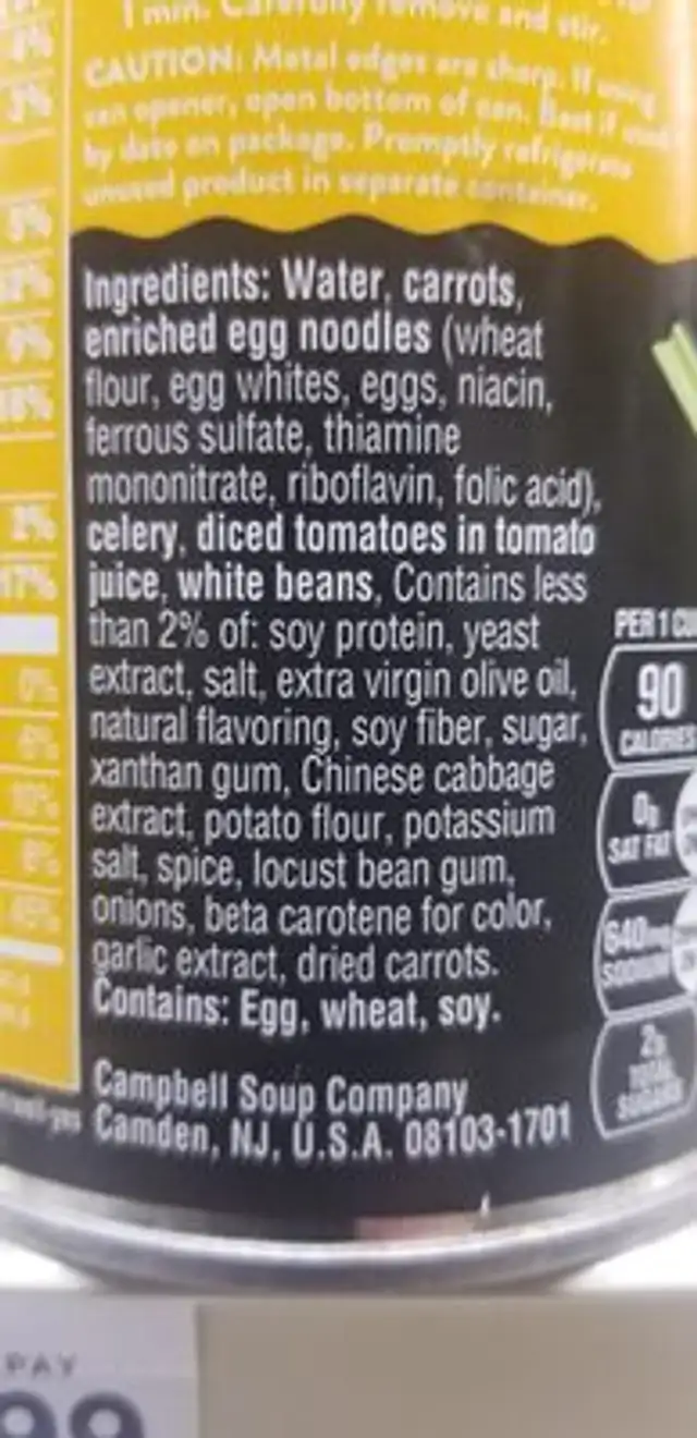 Chick’n Noodle Soup ingredients label