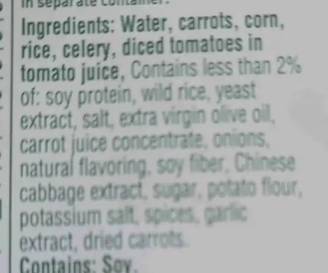 Plant-Based Chick’n with Rice ingredients label
