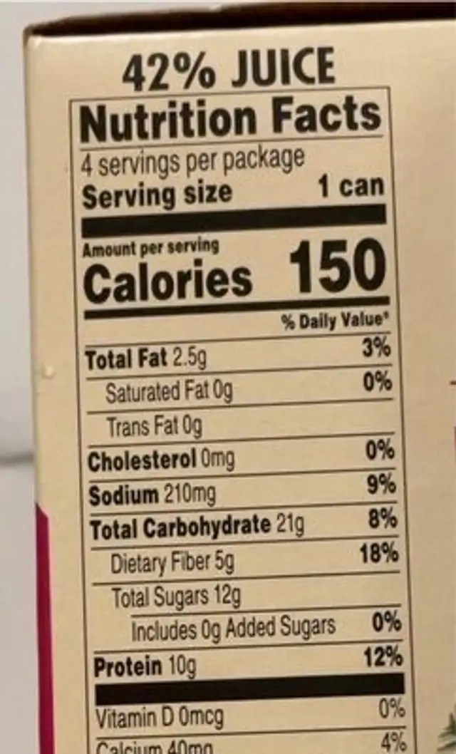 V8 plus Berry acai nutrition facts table