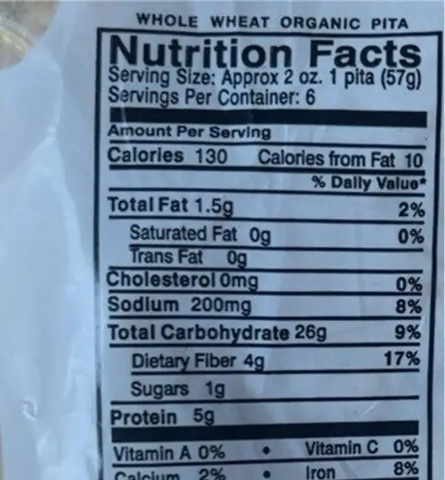 Whole wheat Organic Pita Bread nutrition facts table