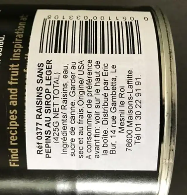 Oregon Raisons Sans Pepin 425G ingredients label