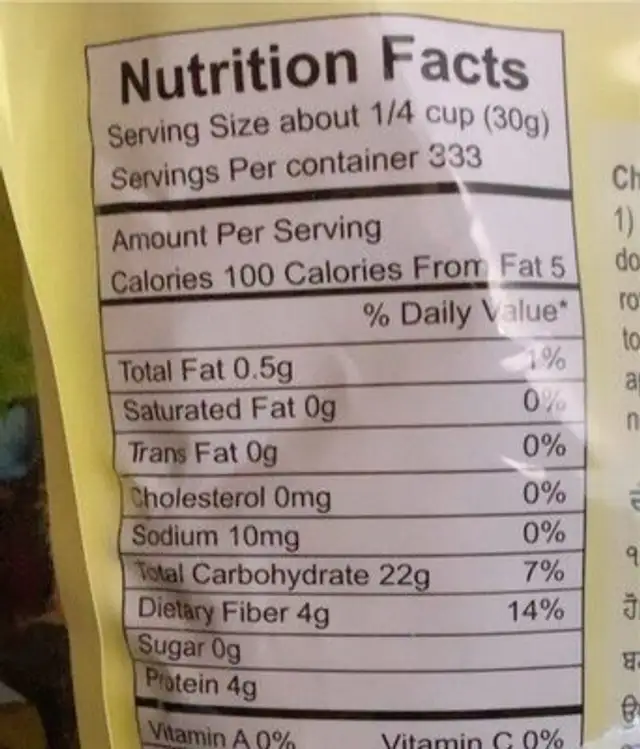 Chakki Atta nutrition facts table