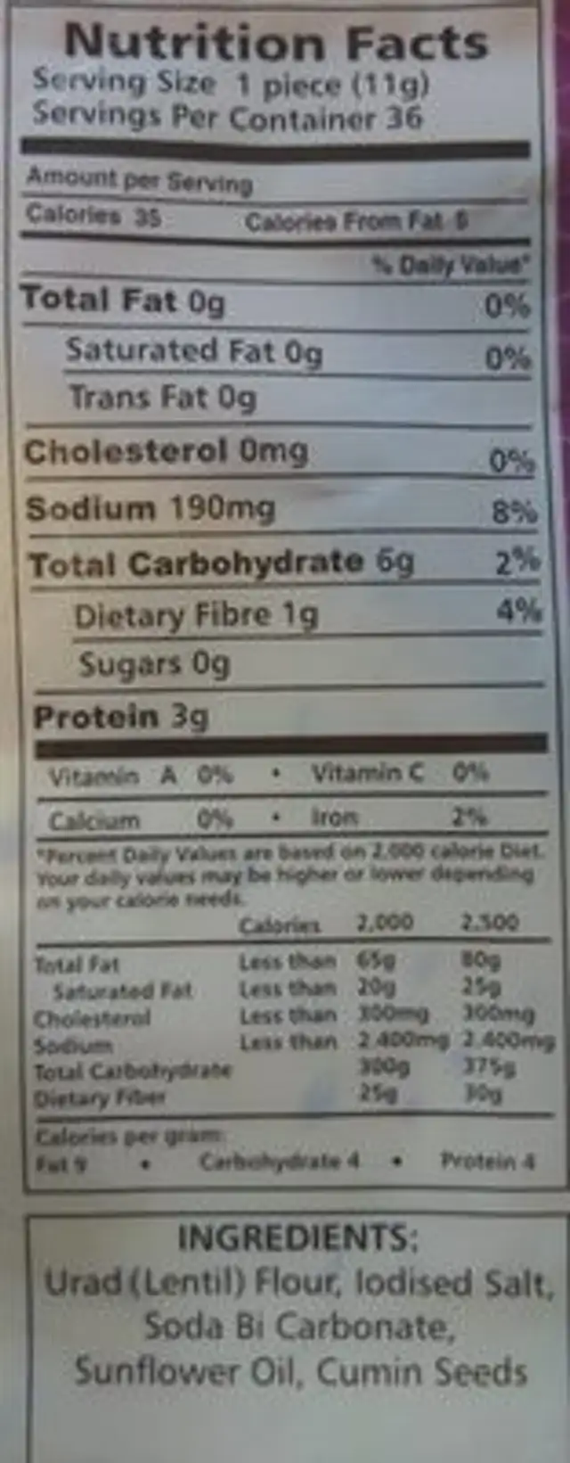 Swad desi indian papad lentils crackers nutrition facts table