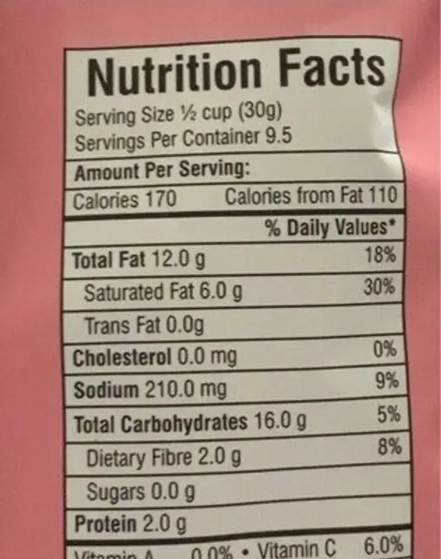 Masala banana chips nutrition facts table