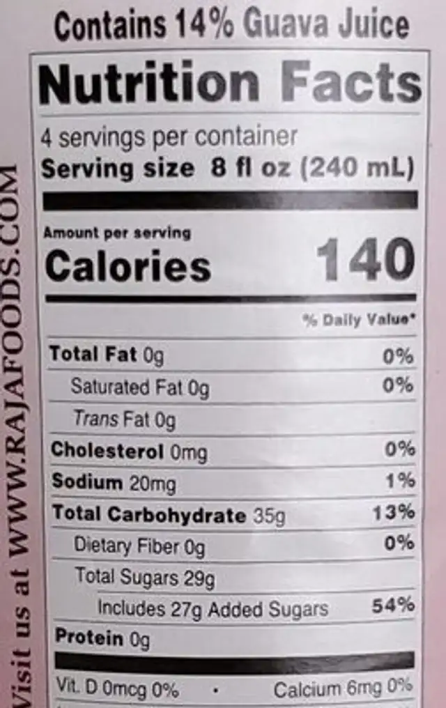 Guava drink nutrition facts table