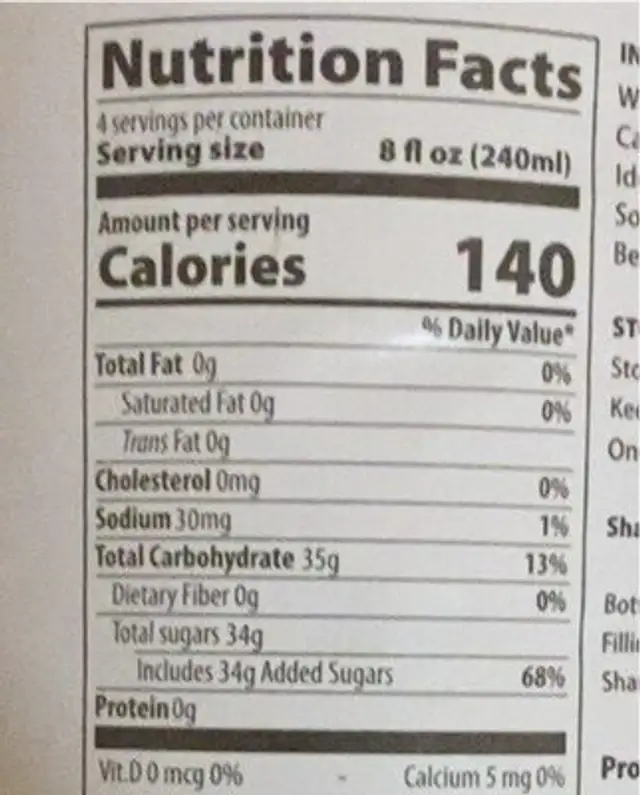 Lychee flavored drink nutrition facts table