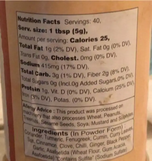 Madras Curry Powder nutrition facts table
