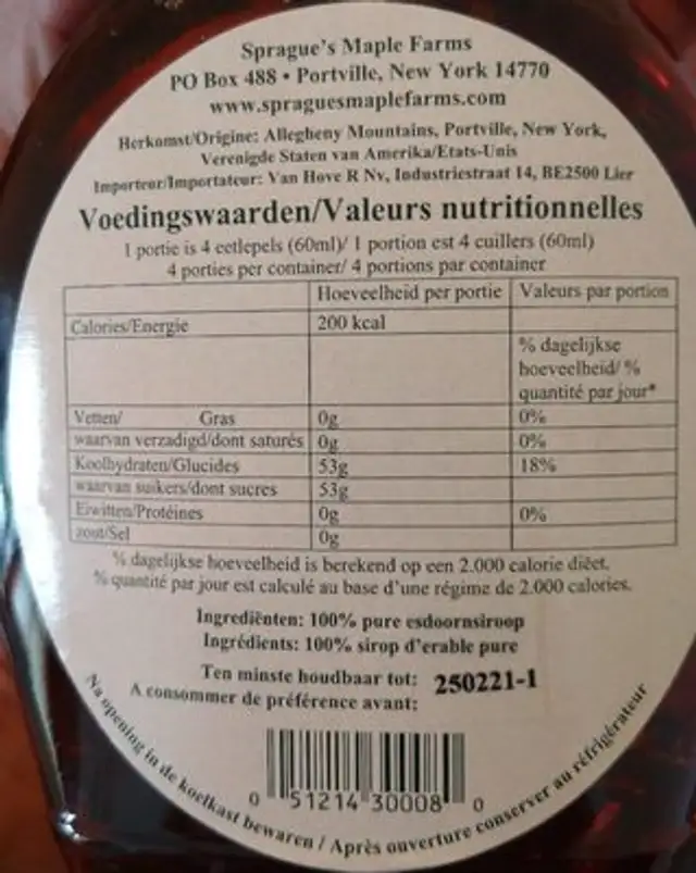 Ahornsiroop/sirop d'érable nutrition facts table