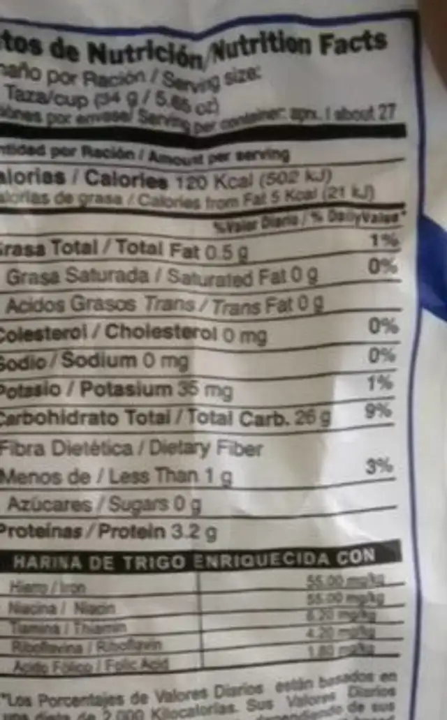 Blanquita Harina De Trigo nutrition facts table