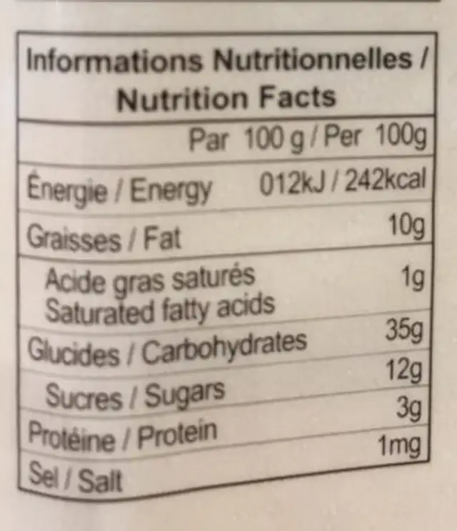 Gateau Ananas Roxy nutrition facts table