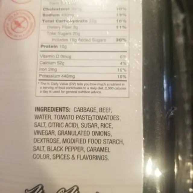 Beef stuffed cabbage ingredients label