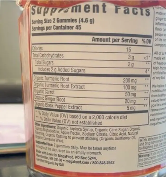 Turmeric Spice Gummies nutrition facts table