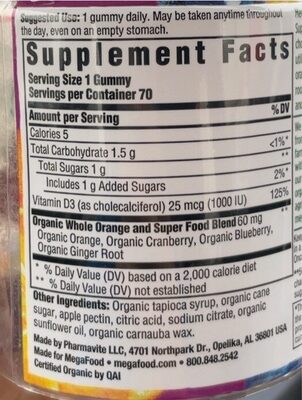 D3 Bone, Muscle & Immune Support Mixed Fruit Gummies nutrition facts table