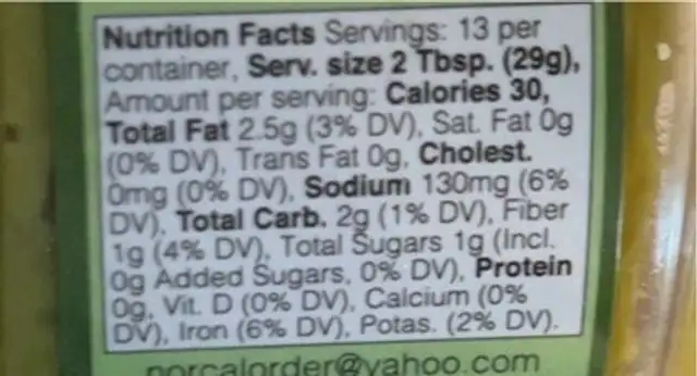 Authentic Guacamole nutrition facts table