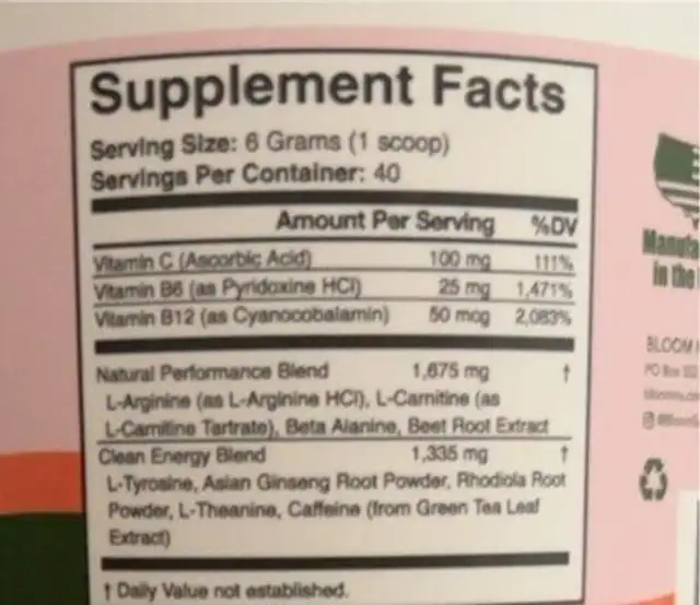 Pre Workout nutrition facts table
