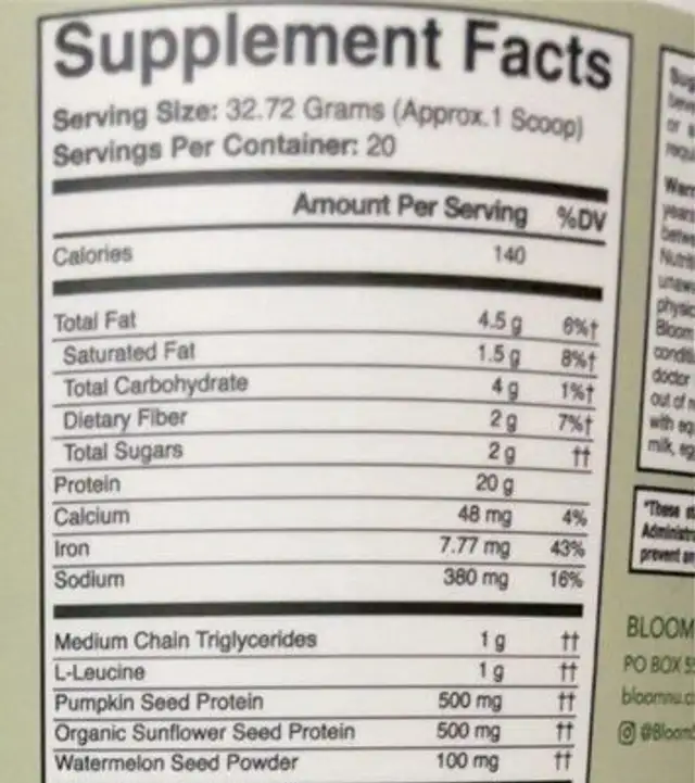 Plant based protein nutrition facts table