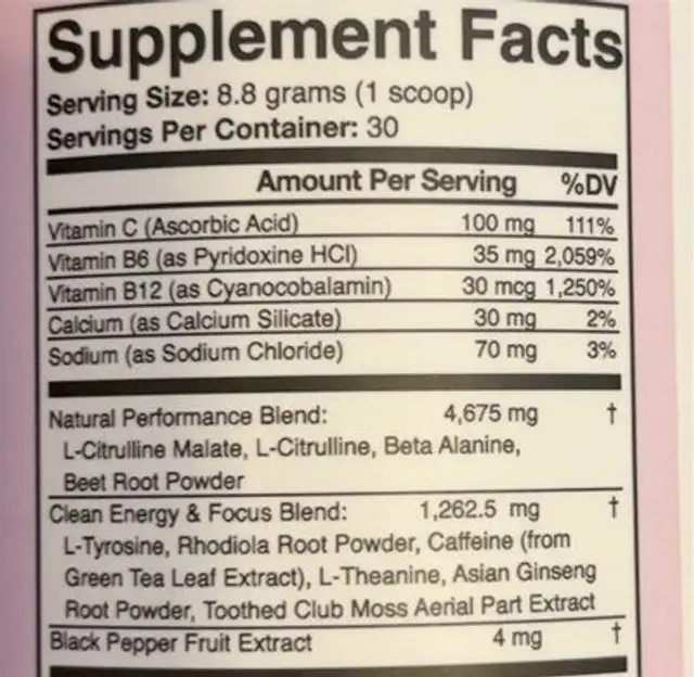 High energy pre workout nutrition facts table