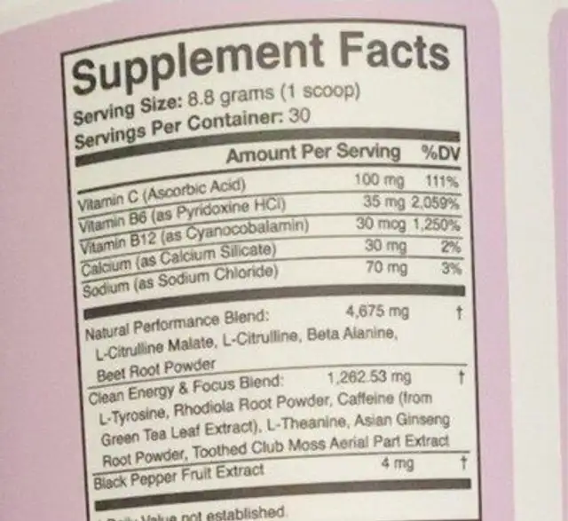 Guava High Energy Pre-Workout nutrition facts table