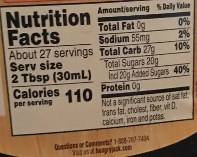 Original microwavable syrup nutrition facts table