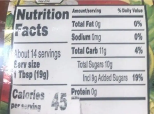 Purely fruit nutrition facts table