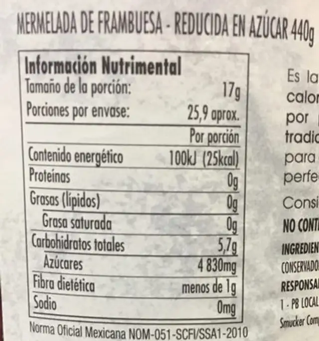 smucker´s mermelada de frambuesa nutrition facts table