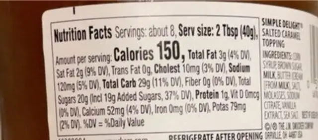 Simple delight salted caramel topping nutrition facts table