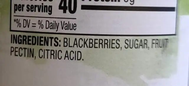 Natural Blackberry Fruit Spread ingredients label