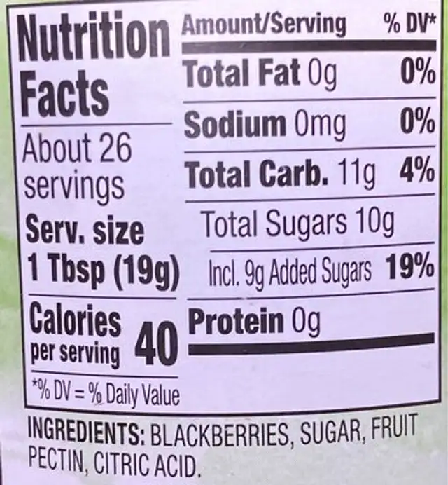 Natural Blackberry Fruit Spread nutrition facts table