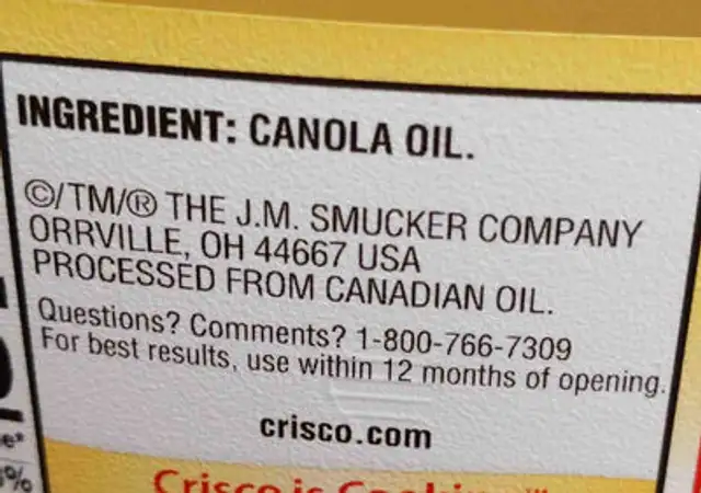 Pure canola oil ingredients label
